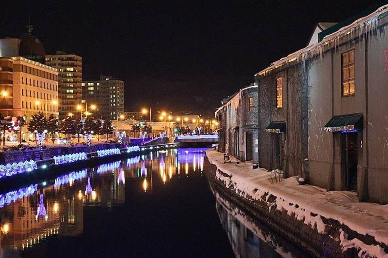 小樽运河夜景（Wikimedia Commons · 示意）